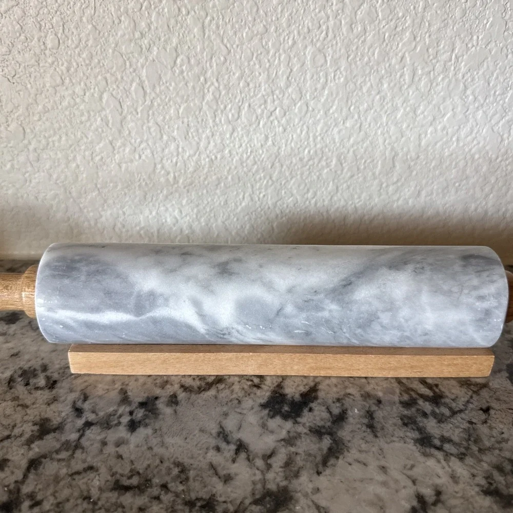 Vtg Marble Rolling Pin White & Gray With Wooden Handles & Base Stand Heavy
